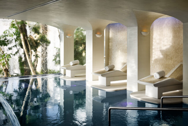 Waterfall and lounge at Nobu Hotel Marbella Spa – modern luxury wellness retreat