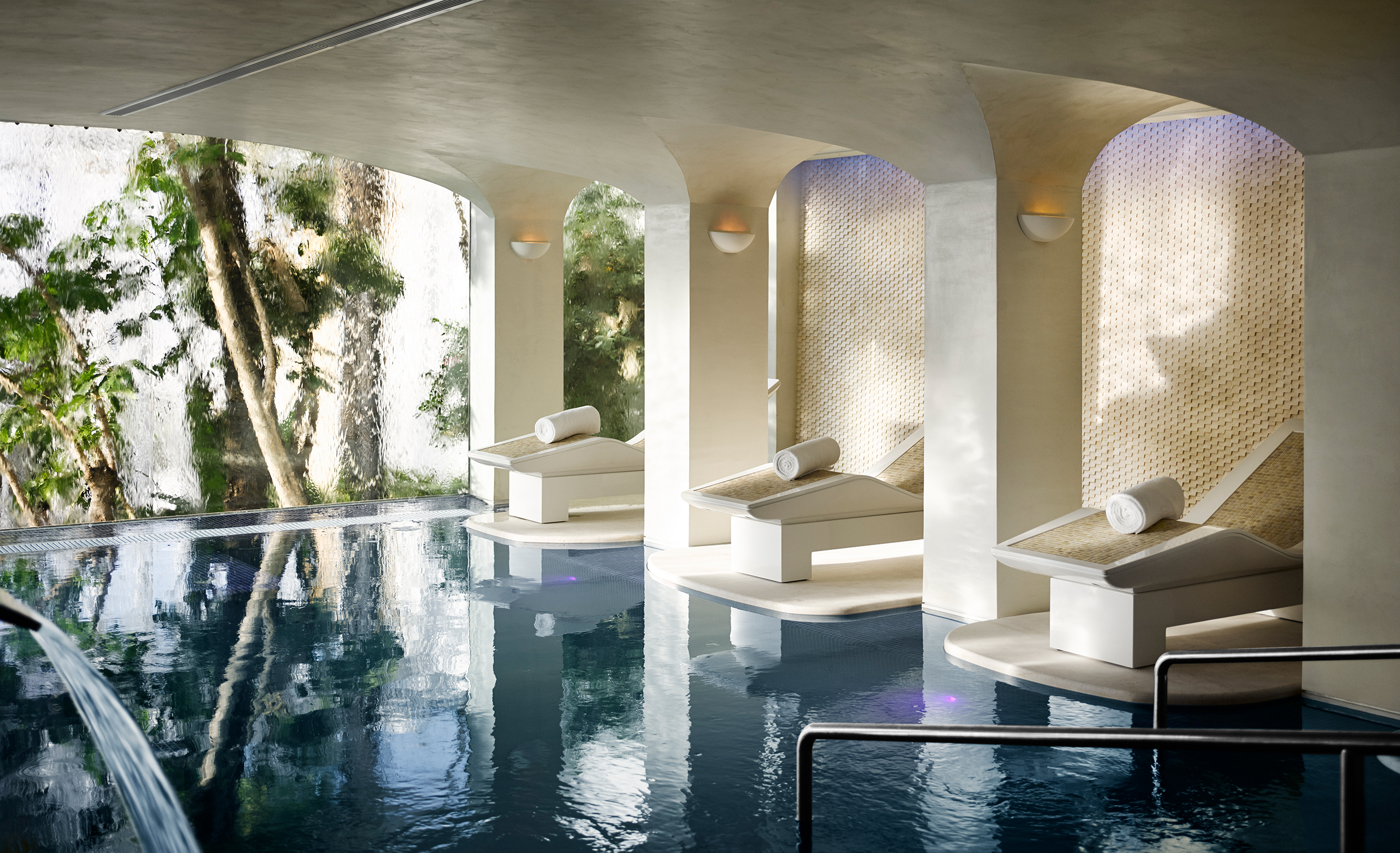 Waterfall and lounge at Nobu Hotel Marbella Spa – modern luxury wellness retreat