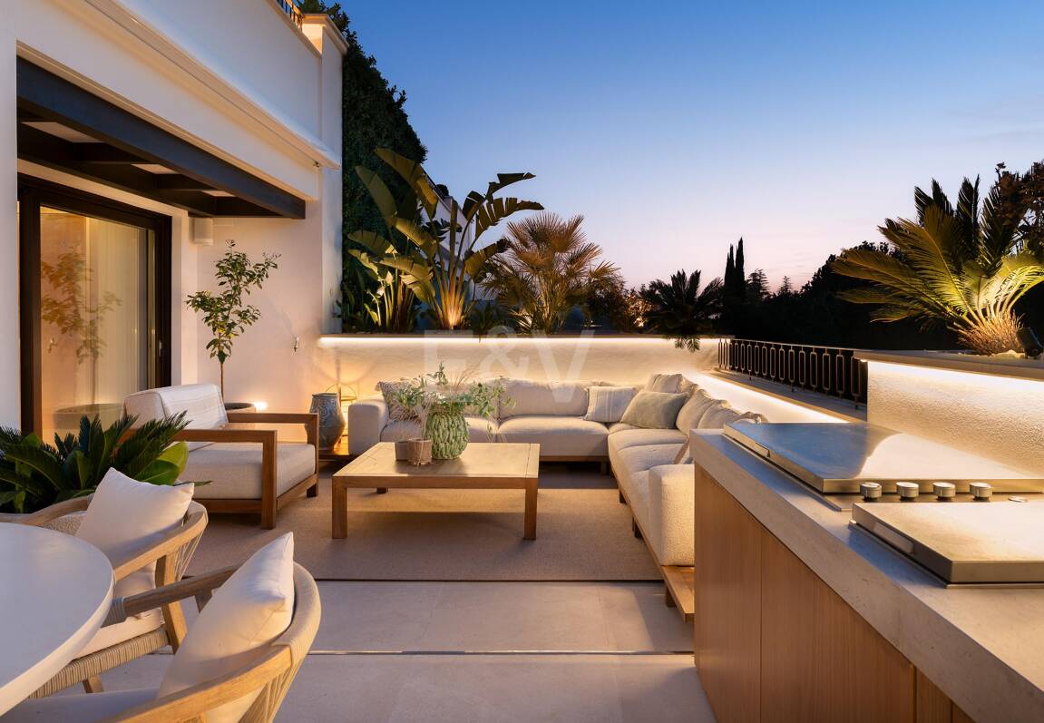 Panoramic sunset from a Golden Mile villa terrace Marbella